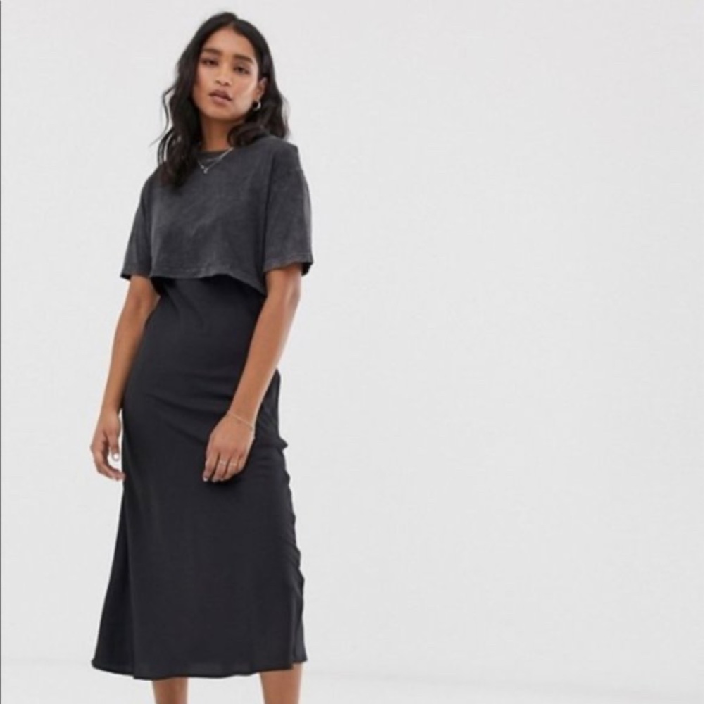 All Saints Benno Tee Topper Slipdress in Acid Wash/ Black